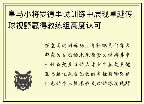皇马小将罗德里戈训练中展现卓越传球视野赢得教练组高度认可